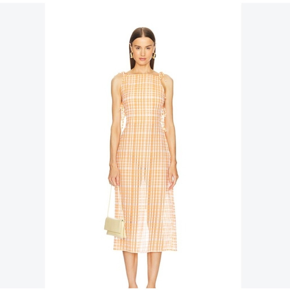 Milkwhite Gingham Midi Dress Womens XS Orange New Tie Back Strappy Square Neck